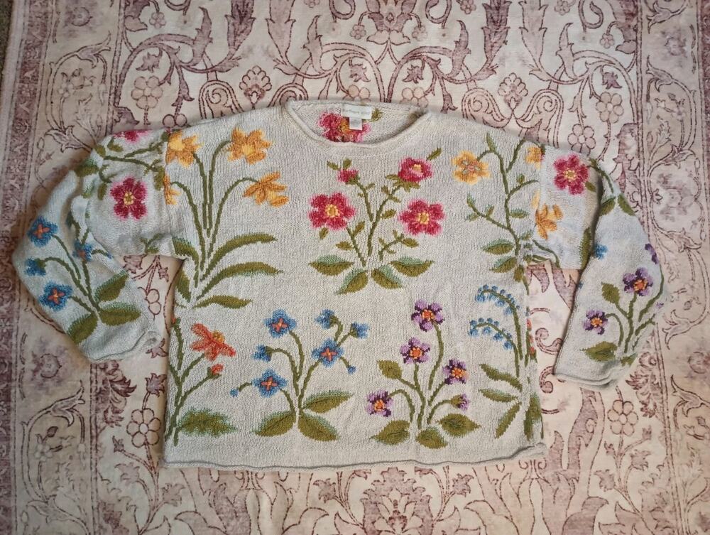 Northern Isles Womens Cottage Floral Embroidered Knit Sweater M Linen Blend